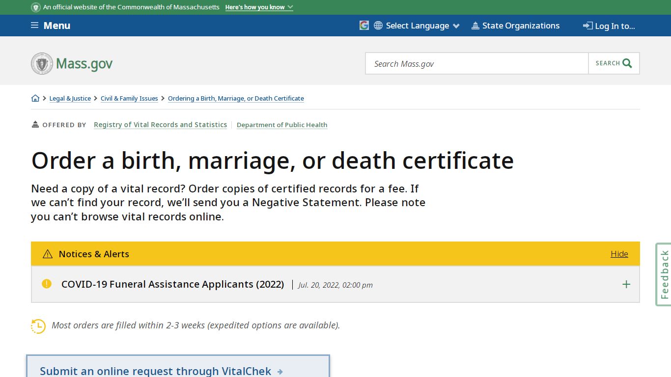 Order a birth, marriage, or death certificate | Mass.gov